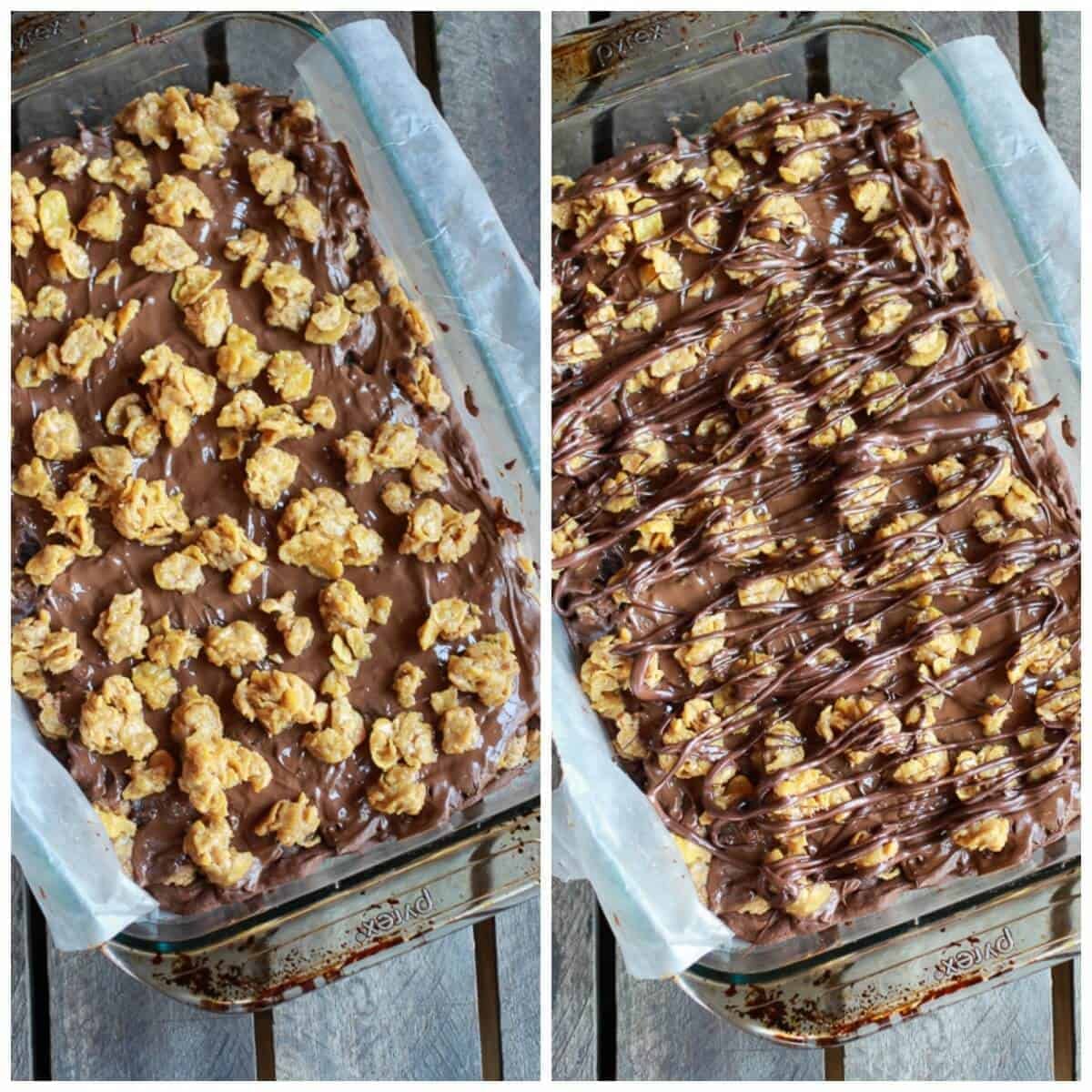 Brownies au chocolat, fourrés au beurre de cacahuete et aux éclats de corn flakes